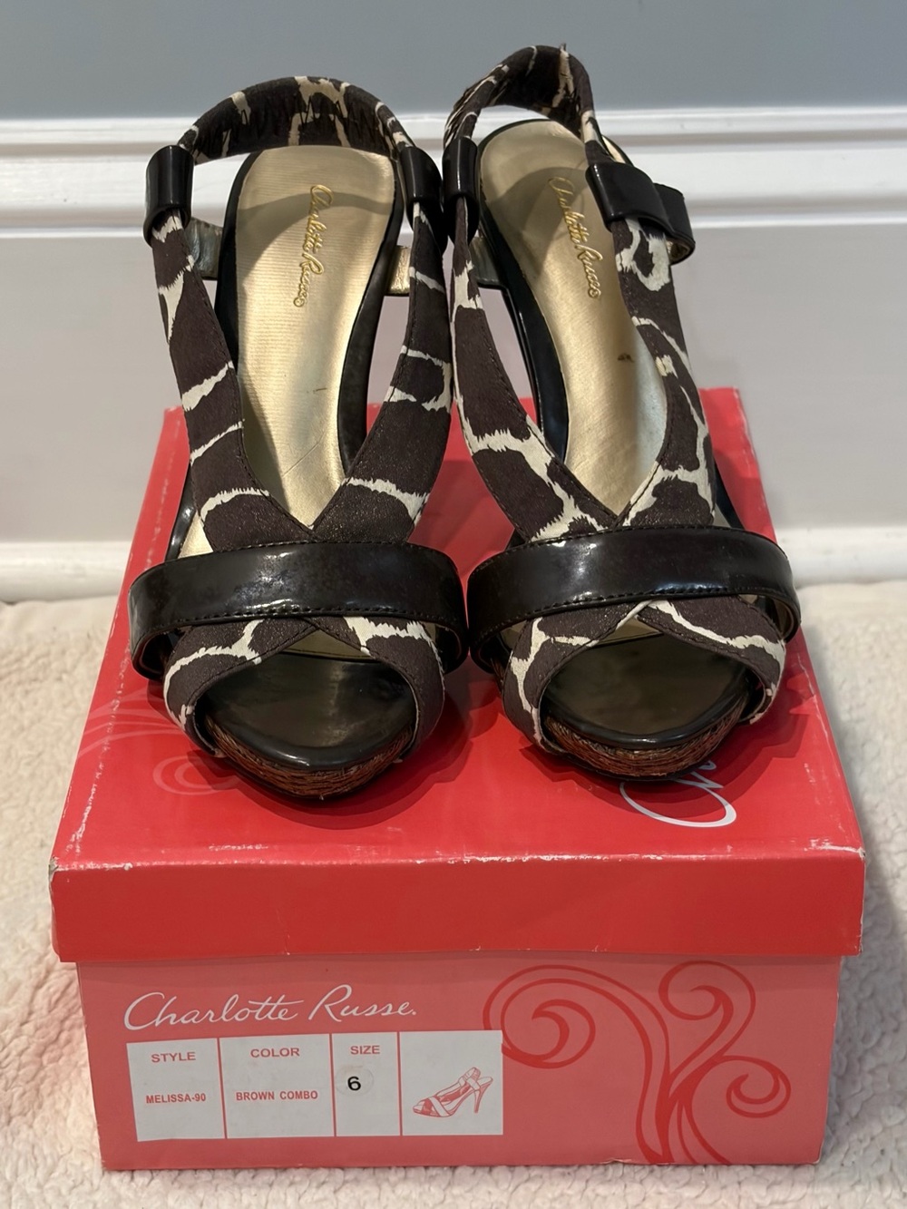 Charlotte Russe Brown Combo "Melissa-90" Giraffe Print Heeled Sandals (Size 6)